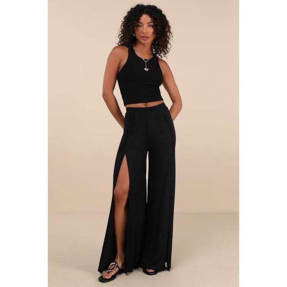 Lulus Knockout Black Knit Wide-leg Slit-front Pants - Size XXL